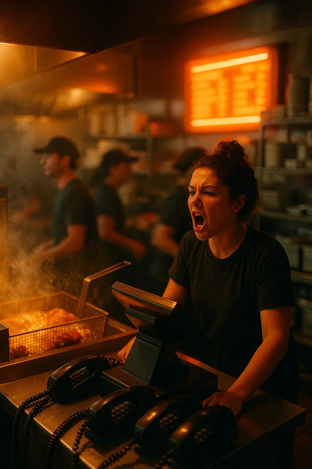 Busy restaurant staff juggling multiple tasks during evening rush at Fiery Nashville Hot Chicken - phones ringing, orders piling up, staff looking overwhelmed before implementing AI phone ordering system