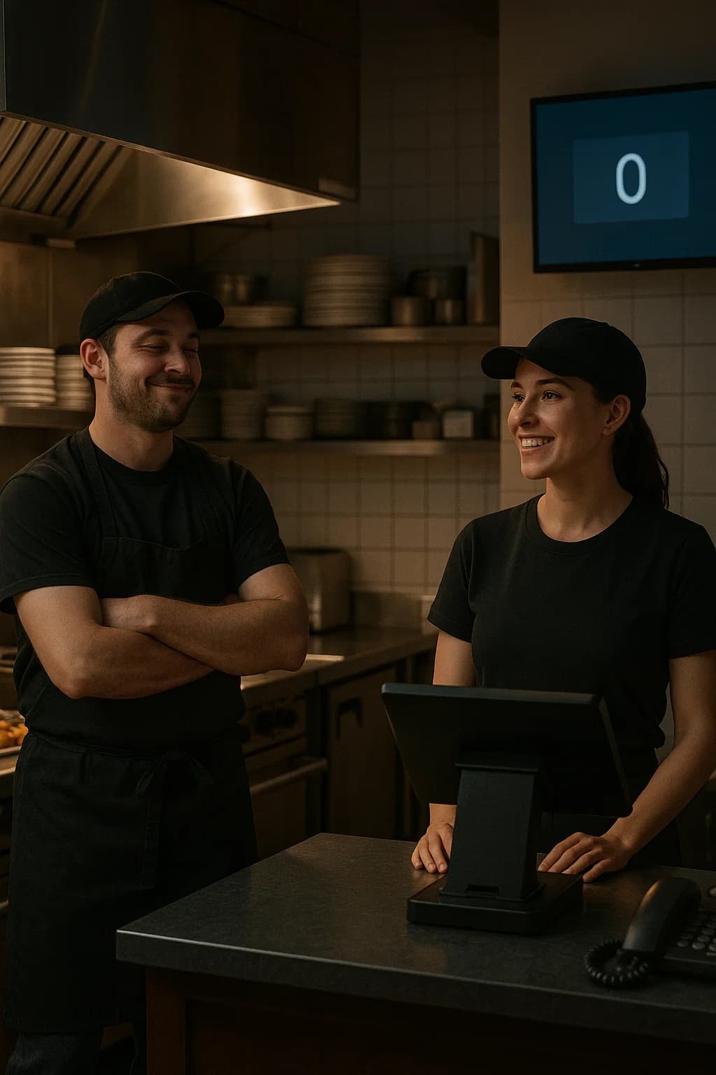 Calm restaurant staff focused on serving customers at Fiery Nashville Hot Chicken after implementing AI phone ordering system - relaxed environment with staff smiling while serving customers, no phone stress